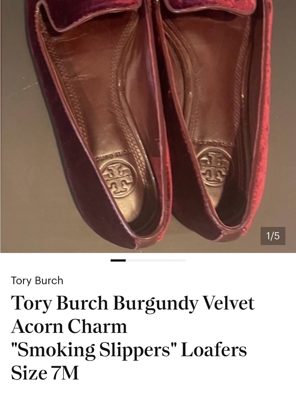 Tory Burch Burgundy Velvet
Acorn Charm
"Smoking Slippers" Loafers
Size 7M - Picture 4 of 6